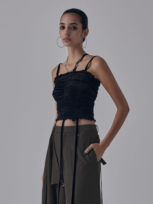 Wconcept_Treemingbird Velvet String Shirring Layered Top [ Black ]