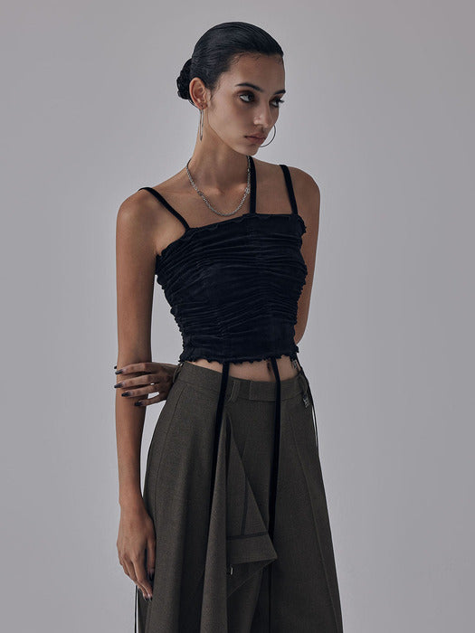 Wconcept_Treemingbird Velvet String Shirring Layered Top [ Black ]