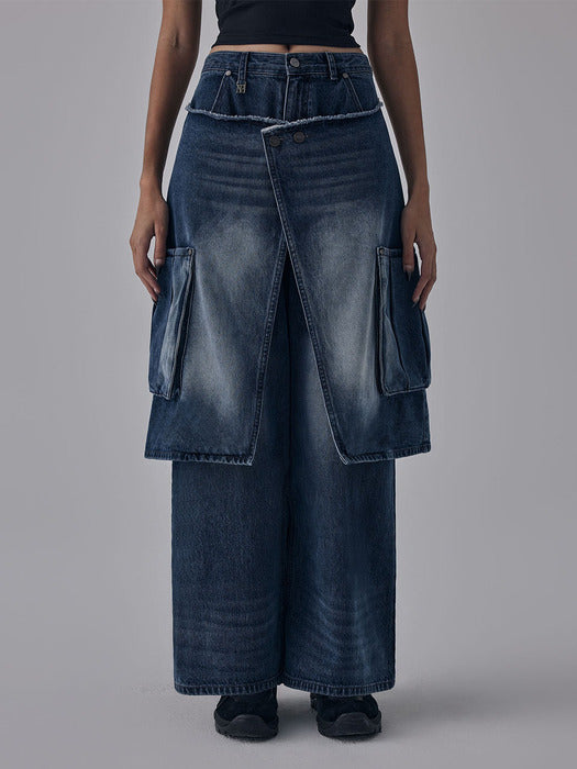 Wconcept_Treemingbird Layered Wrap Skirt Denim Cargo Pants [ Blue ]
