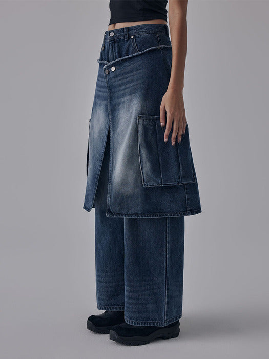 Wconcept_Treemingbird Layered Wrap Skirt Denim Cargo Pants [ Blue ]