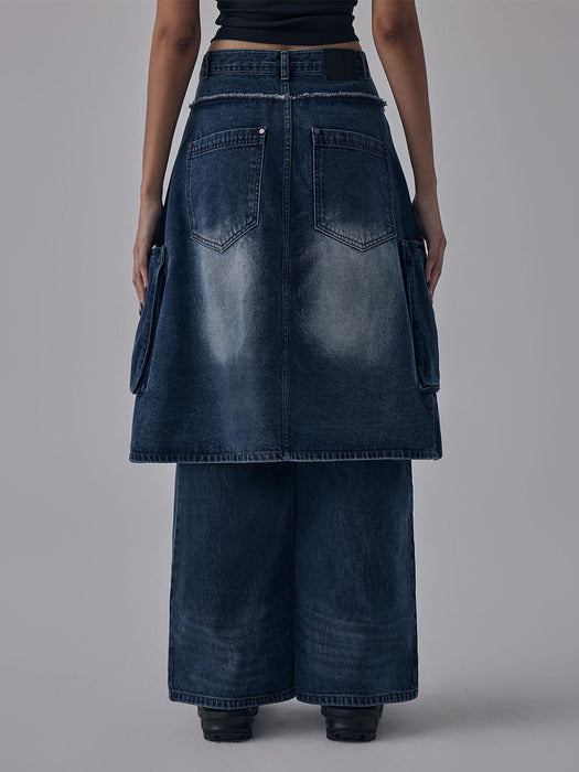 Wconcept_Treemingbird Layered Wrap Skirt Denim Cargo Pants [ Blue ]