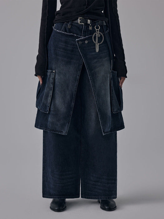 Wconcept_Treemingbird Layered Wrap Skirt Denim Cargo Pants [ Dark navy ]