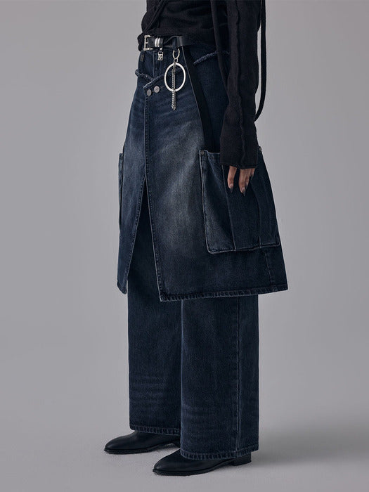 Wconcept_Treemingbird Layered Wrap Skirt Denim Cargo Pants [ Dark navy ]