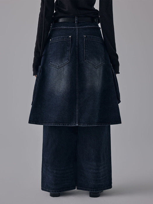 Wconcept_Treemingbird Layered Wrap Skirt Denim Cargo Pants [ Dark navy ]