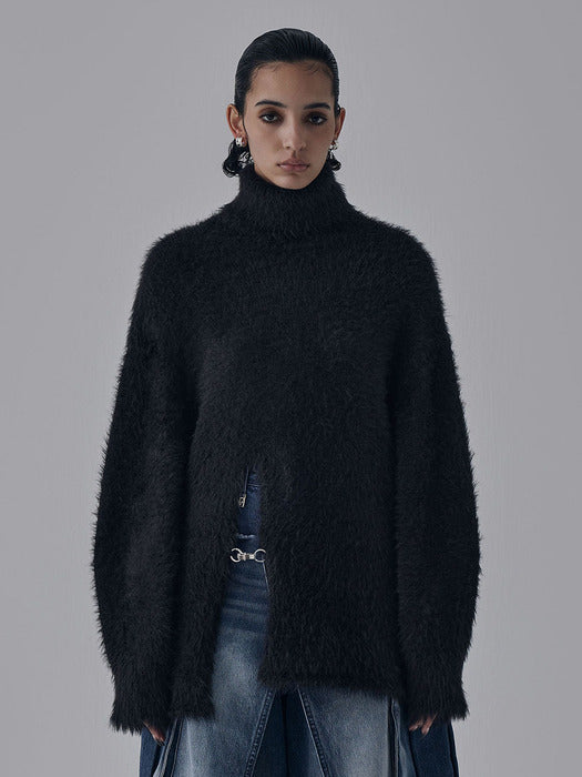 Wconcept_Treemingbird Front Slit Metal Hook High-Neck Fur Knit [ Black ]