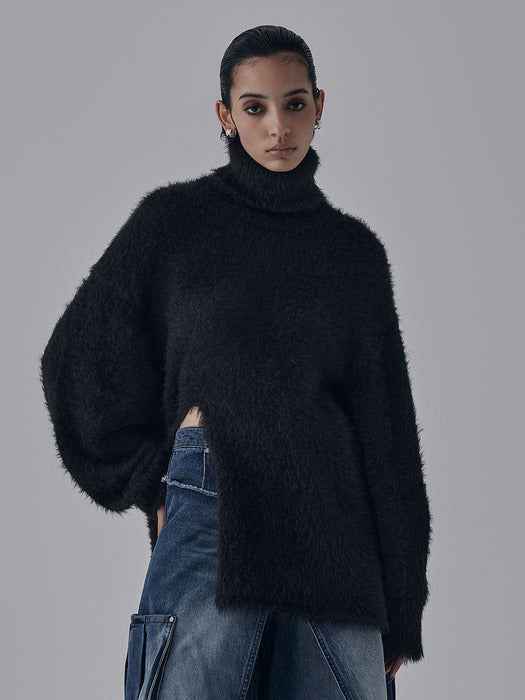 Wconcept_Treemingbird Front Slit Metal Hook High-Neck Fur Knit [ Black ]