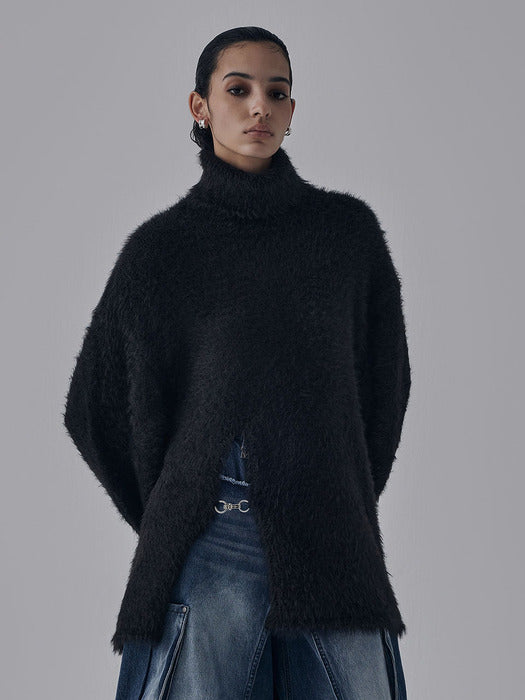 Wconcept_Treemingbird Front Slit Metal Hook High-Neck Fur Knit [ Black ]