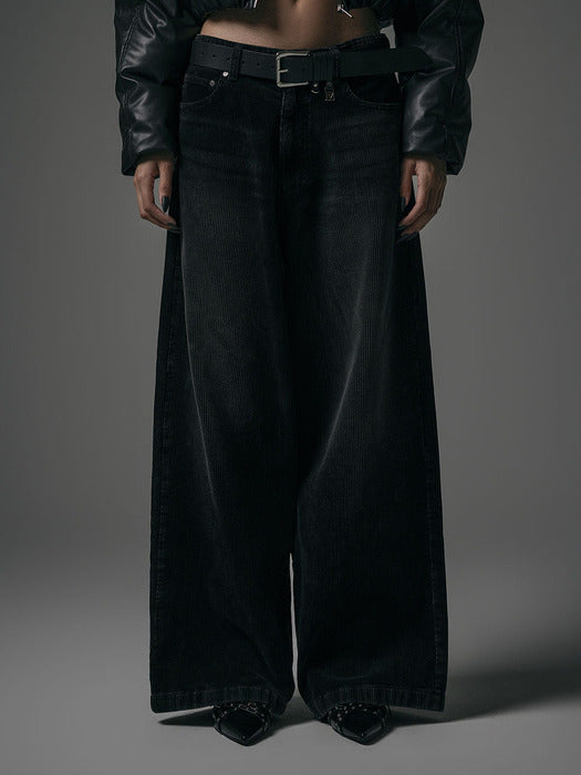 Wconcept_Treemingbird Washing Velour Corduroy Back Pocket Logo Pants [ Black ]