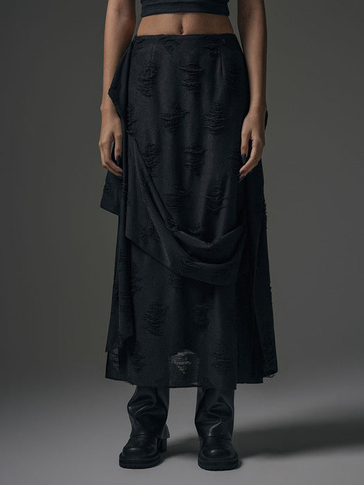 Wconcept_Treemingbird Strap Drape Damage Skirt [ Black ]