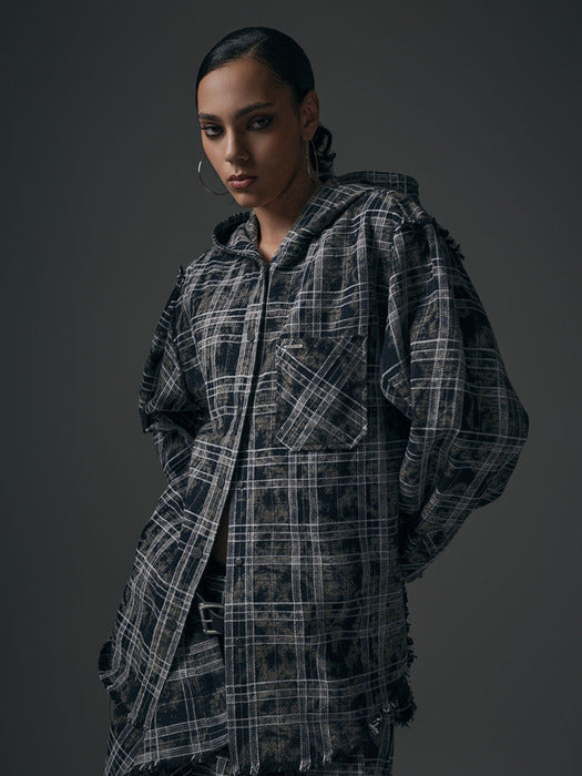 Wconcept_Treemingbird Spread Check Fringe Set-Up Hoodie Shirts [ Black ]