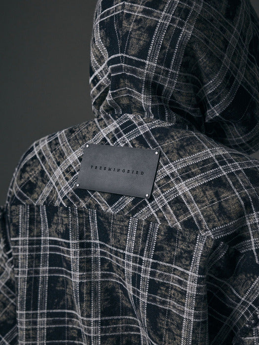 Wconcept_Treemingbird Spread Check Fringe Set-Up Hoodie Shirts [ Black ]