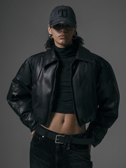 Wconcept_Treemingbird Matt Leather Short Padding Jumper [ Black ]