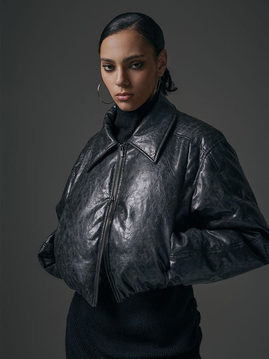 Wconcept_Treemingbird Glossy Leather Short Padding Jumper [ Charcoal ]