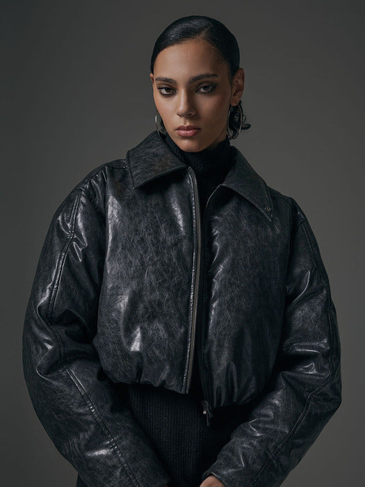 Wconcept_Treemingbird Glossy Leather Short Padding Jumper [ Charcoal ]