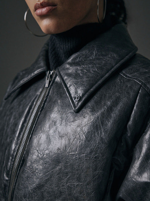 Wconcept_Treemingbird Glossy Leather Short Padding Jumper [ Charcoal ]