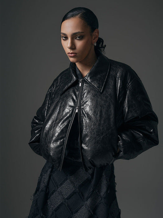 Wconcept_Treemingbird Glossy Leather Short Padding Jumper [ Black ]