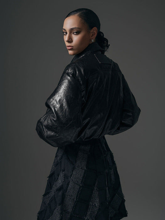 Wconcept_Treemingbird Glossy Leather Short Padding Jumper [ Black ]