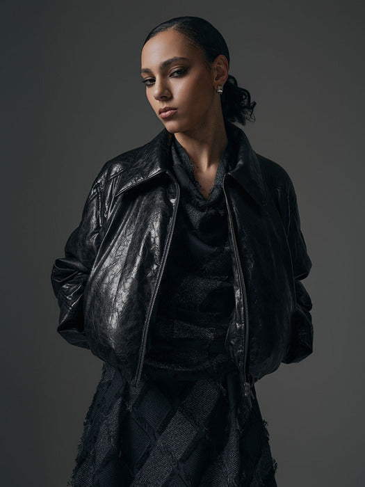 Wconcept_Treemingbird Glossy Leather Short Padding Jumper [ Black ]