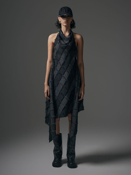 Wconcept_Treemingbird Fringe Halterneck Drape One-piece [ Charcoal ]