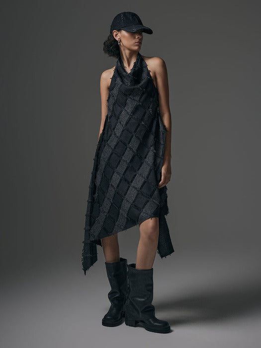 Wconcept_Treemingbird Fringe Halterneck Drape One-piece [ Charcoal ]