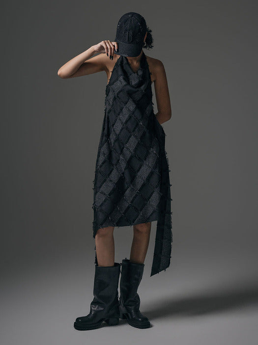 Wconcept_Treemingbird Fringe Halterneck Drape One-piece [ Charcoal ]