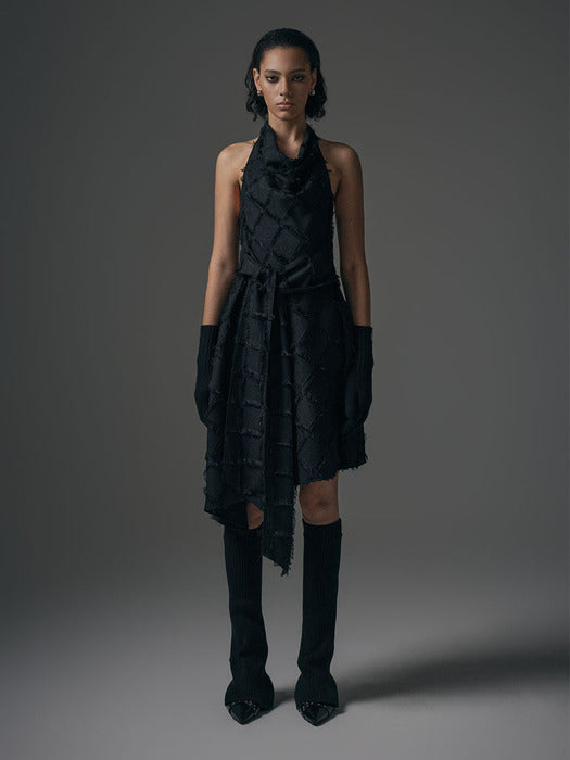 Wconcept_Treemingbird Fringe Halterneck Drape One-piece [ Black ]
