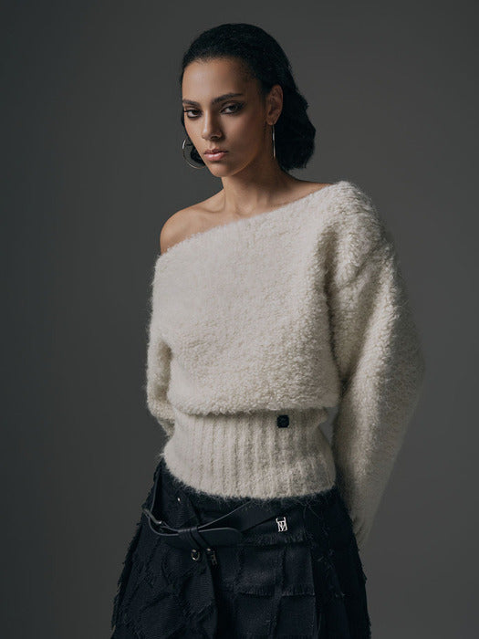 Wconcept_Treemingbird Alpaca Boucle Open Shoulder Knit [ Ivory ]