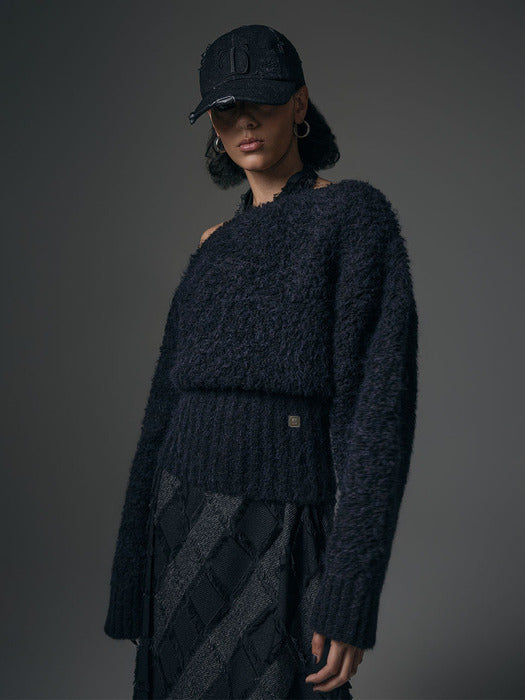 Wconcept_Treemingbird Alpaca Boucle Open Shoulder Knit [ Black ]