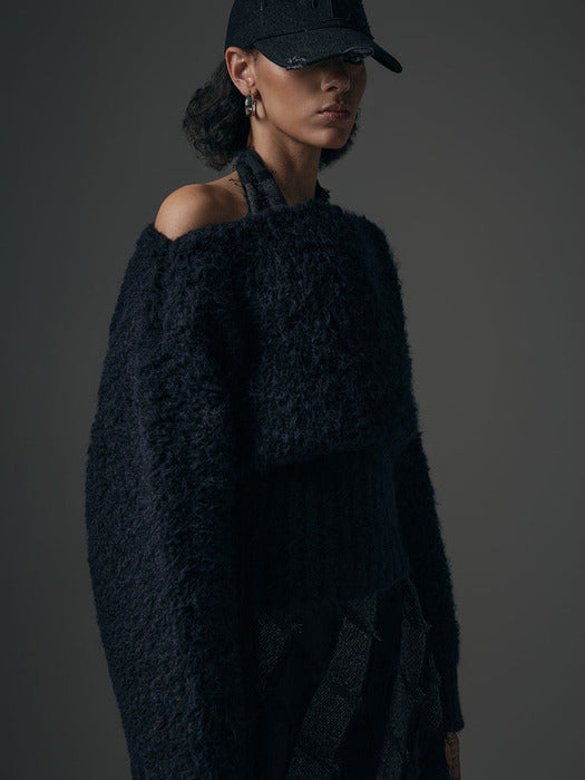 Wconcept_Treemingbird Alpaca Boucle Open Shoulder Knit [ Black ]
