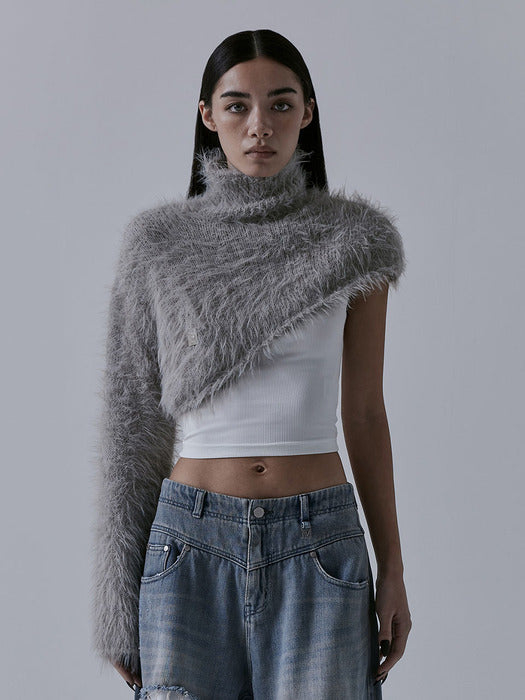 Wconcept_Treemingbird Unbalance High-neck Fur Knit [ Grey ]