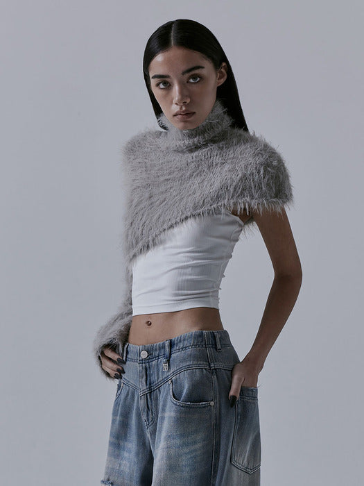 Wconcept_Treemingbird Unbalance High-neck Fur Knit [ Grey ]
