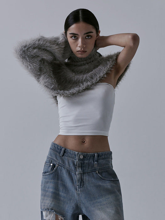 Wconcept_Treemingbird Unbalance High-neck Fur Knit [ Grey ]