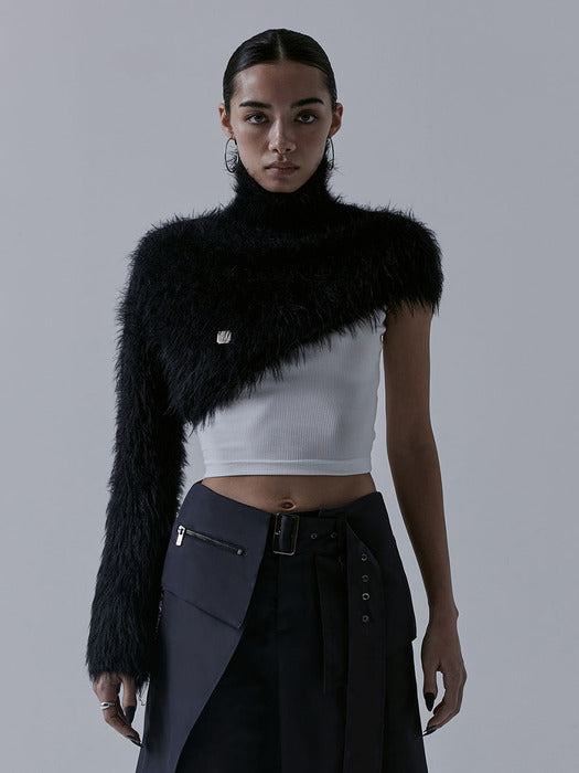 Wconcept_Treemingbird Unbalance High-neck Fur Knit [ Black ]