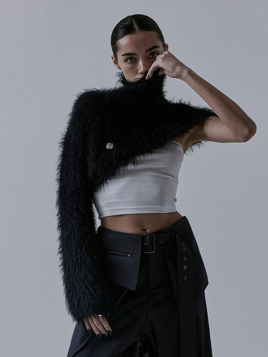 Wconcept_Treemingbird Unbalance High-neck Fur Knit [ Black ]