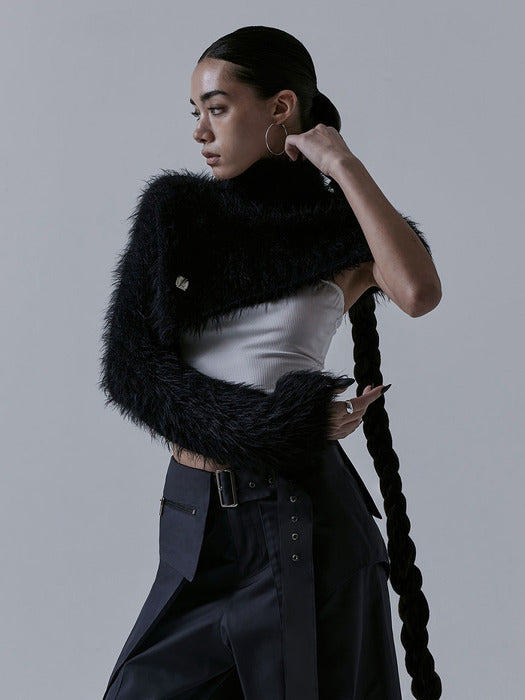 Wconcept_Treemingbird Unbalance High-neck Fur Knit [ Black ]