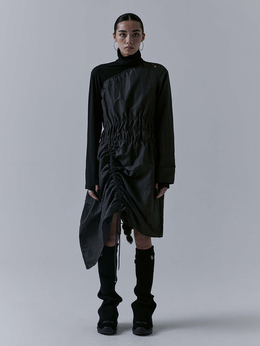 Wconcept_Treemingbird One-shoulder Oblique Shirring One-piece [ Charcoal ]