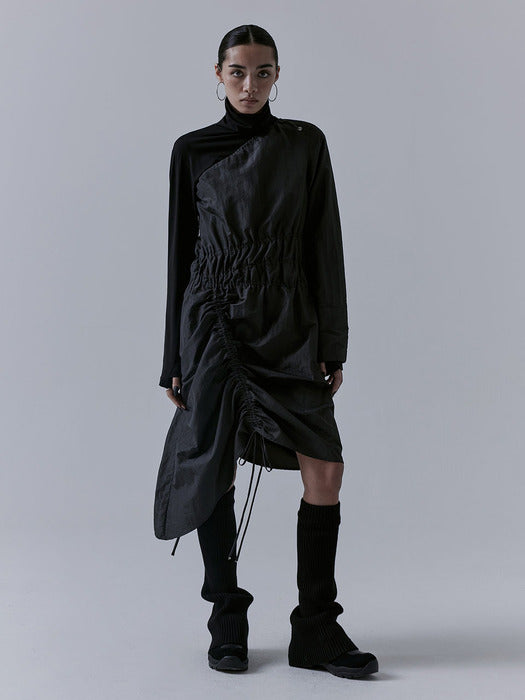 Wconcept_Treemingbird One-shoulder Oblique Shirring One-piece [ Charcoal ]