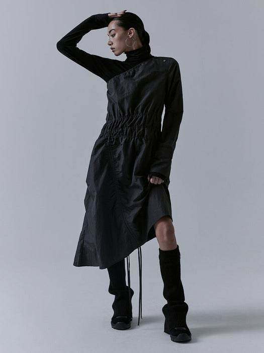 Wconcept_Treemingbird One-shoulder Oblique Shirring One-piece [ Charcoal ]