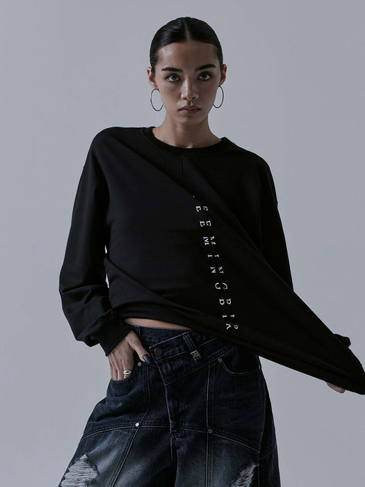 Wconcept_Treemingbird Incision Lettering Over-fit Long Sleeves [ Black ]