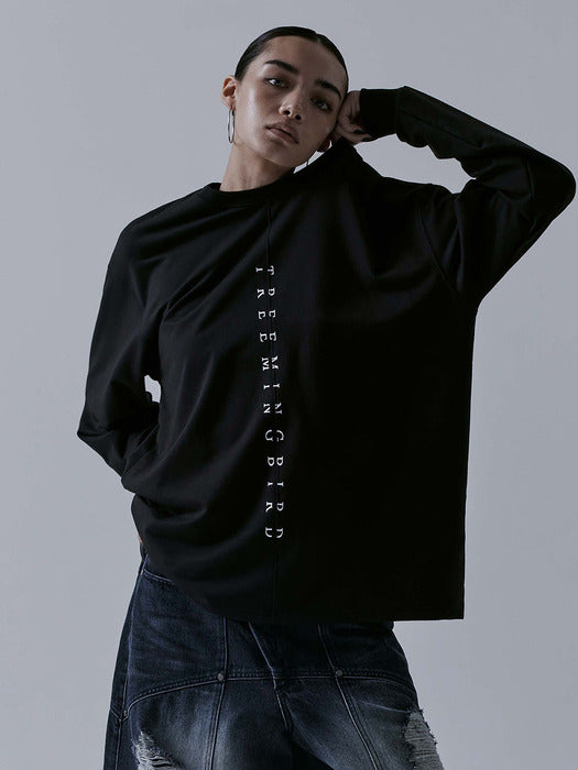 Wconcept_Treemingbird Incision Lettering Over-fit Long Sleeves [ Black ]