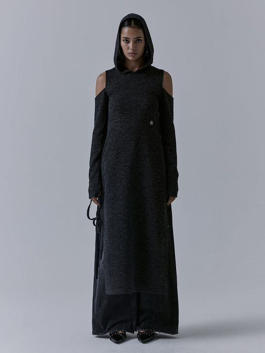 Wconcept_Treemingbird Hooded Cold-shoulder One-piece [ Charcoal ]