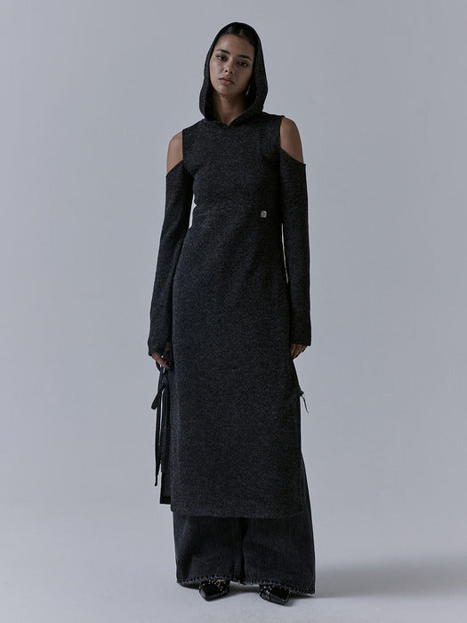 Wconcept_Treemingbird Hooded Cold-shoulder One-piece [ Charcoal ]