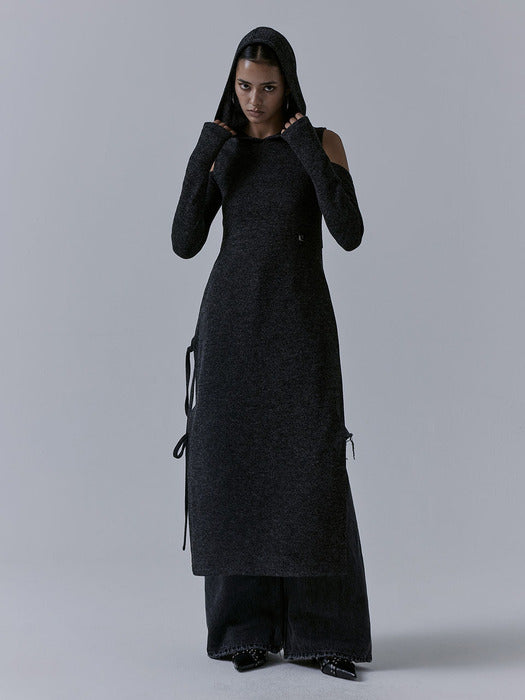 Wconcept_Treemingbird Hooded Cold-shoulder One-piece [ Charcoal ]