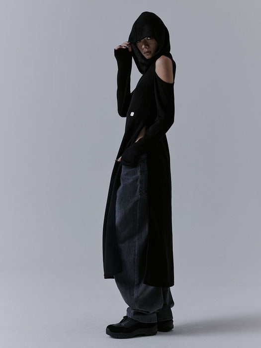 Wconcept_Treemingbird Hooded Cold-shoulder One-piece [ Black ]