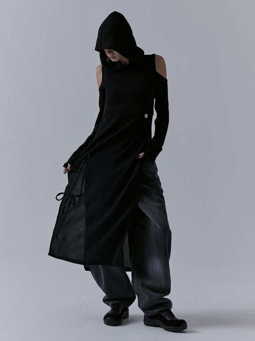 Wconcept_Treemingbird Hooded Cold-shoulder One-piece [ Black ]