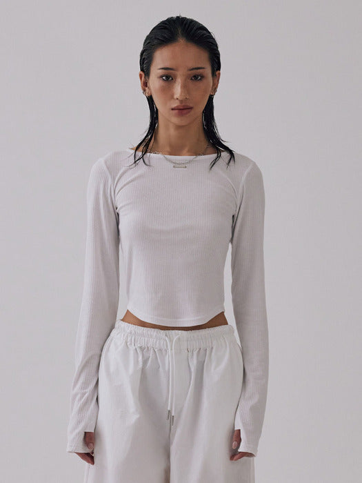 Wconcept_Treemingbird Boat Neck Finger Hole Long Sleeve [ White ]