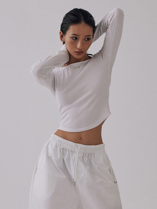 Wconcept_Treemingbird Boat Neck Finger Hole Long Sleeve [ White ]