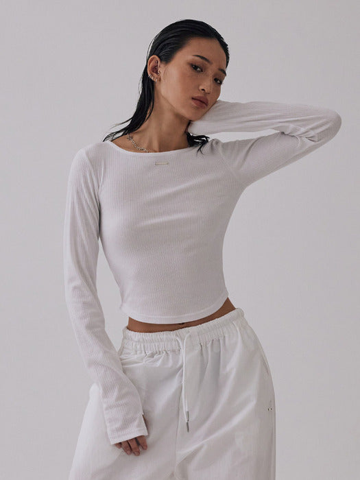 Wconcept_Treemingbird Boat Neck Finger Hole Long Sleeve [ White ]