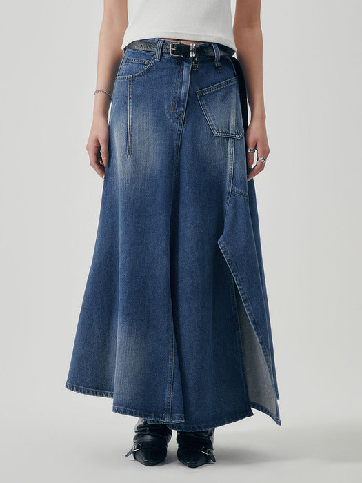 Wconcept_Treemingbird Panel Line Denim Flare Skirt [ Blue ]