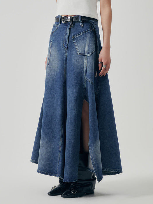 Wconcept_Treemingbird Panel Line Denim Flare Skirt [ Blue ]